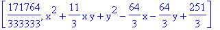 [171764/333333, x^2+11/3*x*y+y^2-64/3*x-64/3*y+251/3]